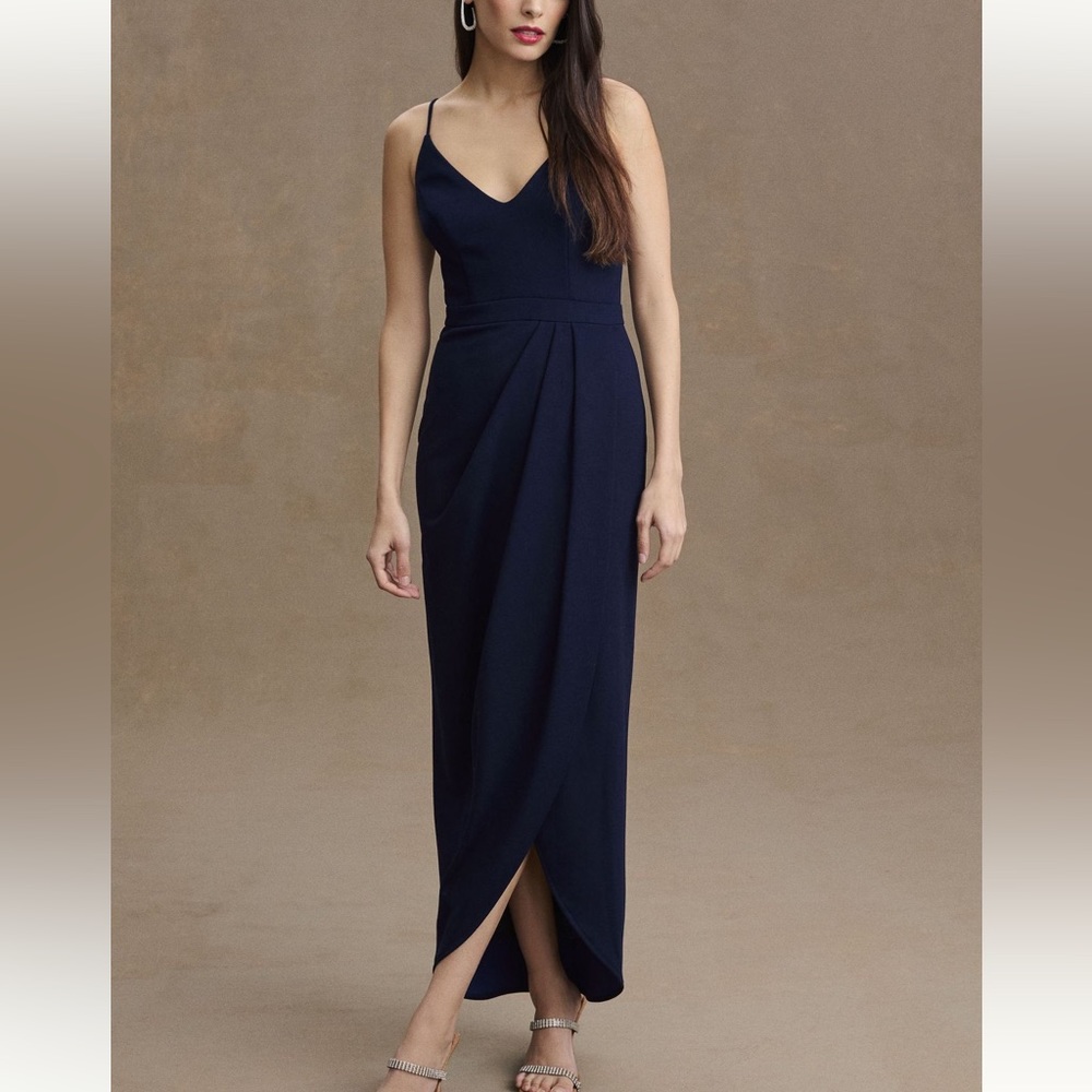 Anthropologie BHLDN Lyra/ Caron V-Neck Crepe Dress Midnight Navy Sz 8